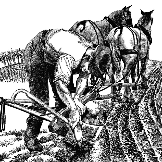 Ilustraţie liniară reprezentând un fermier care îşi curăţă plugul din oţel