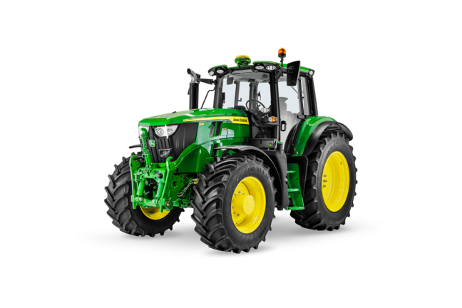 Imagine de studio cu un tractor John Deere 6M 165, care evidenţiază cabina premium şi roţile agricole de mare rezistenţă
