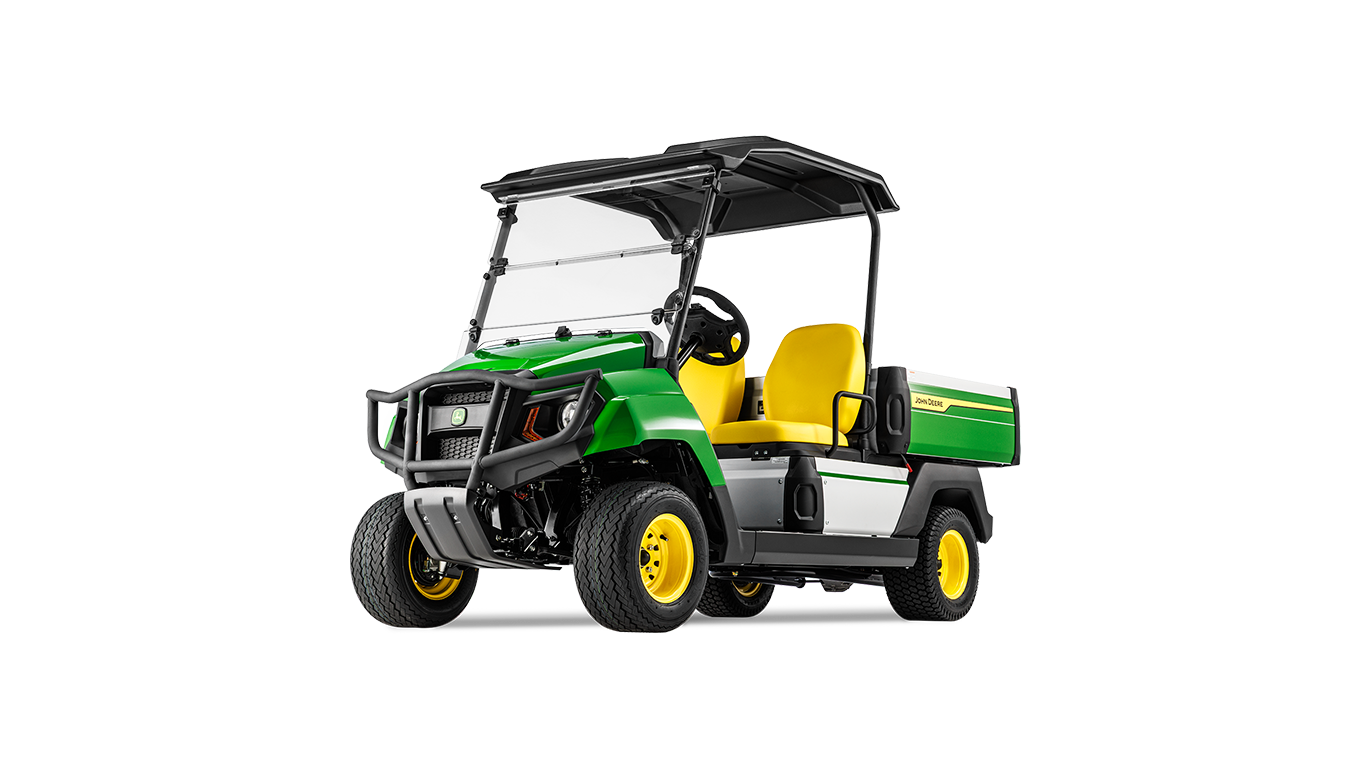 Vedere din faţă, uşor laterală, a unui John Deere Gator GS electric, evidenţiind grila, farurile şi scaunele galbene.