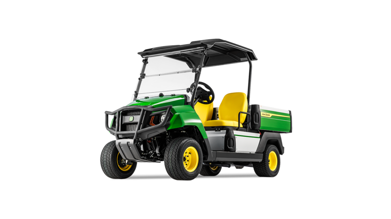 Vedere din faţă, uşor laterală, a unui John Deere Gator GS electric, evidenţiind grila, farurile şi scaunele galbene.