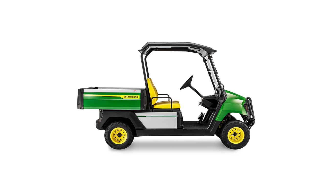 Profil lateral al unui vehicul utilitar John Deere Gator GS pe benzină, cu caroserie verde, roţi galbene şi cabină deschisă.