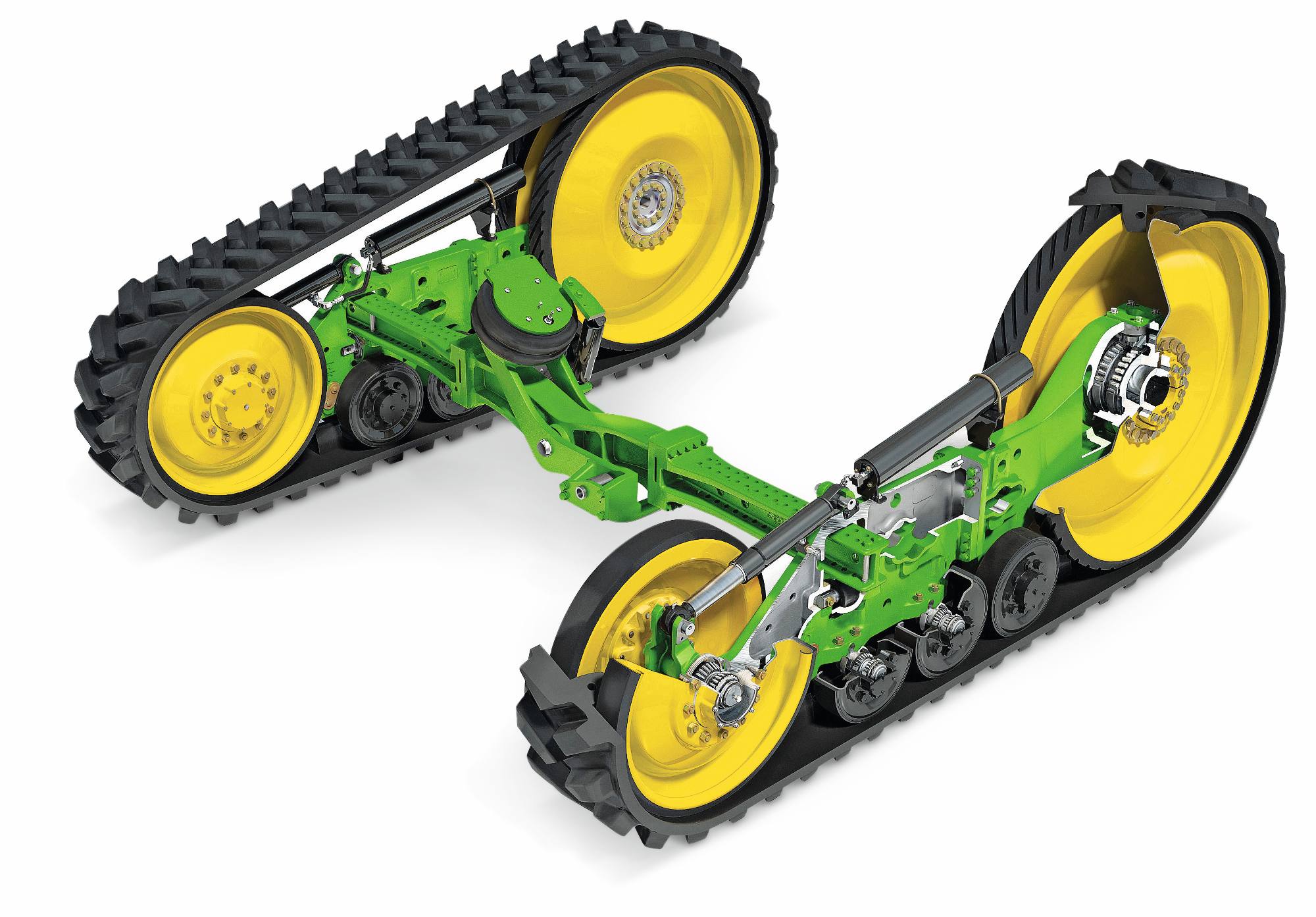 Ansamblurile şenilelor tractorului John Deere cu şenile de cauciuc, braţe de suspensie şi roţi motoare galbene, prezentate pe un fundal alb de studio.