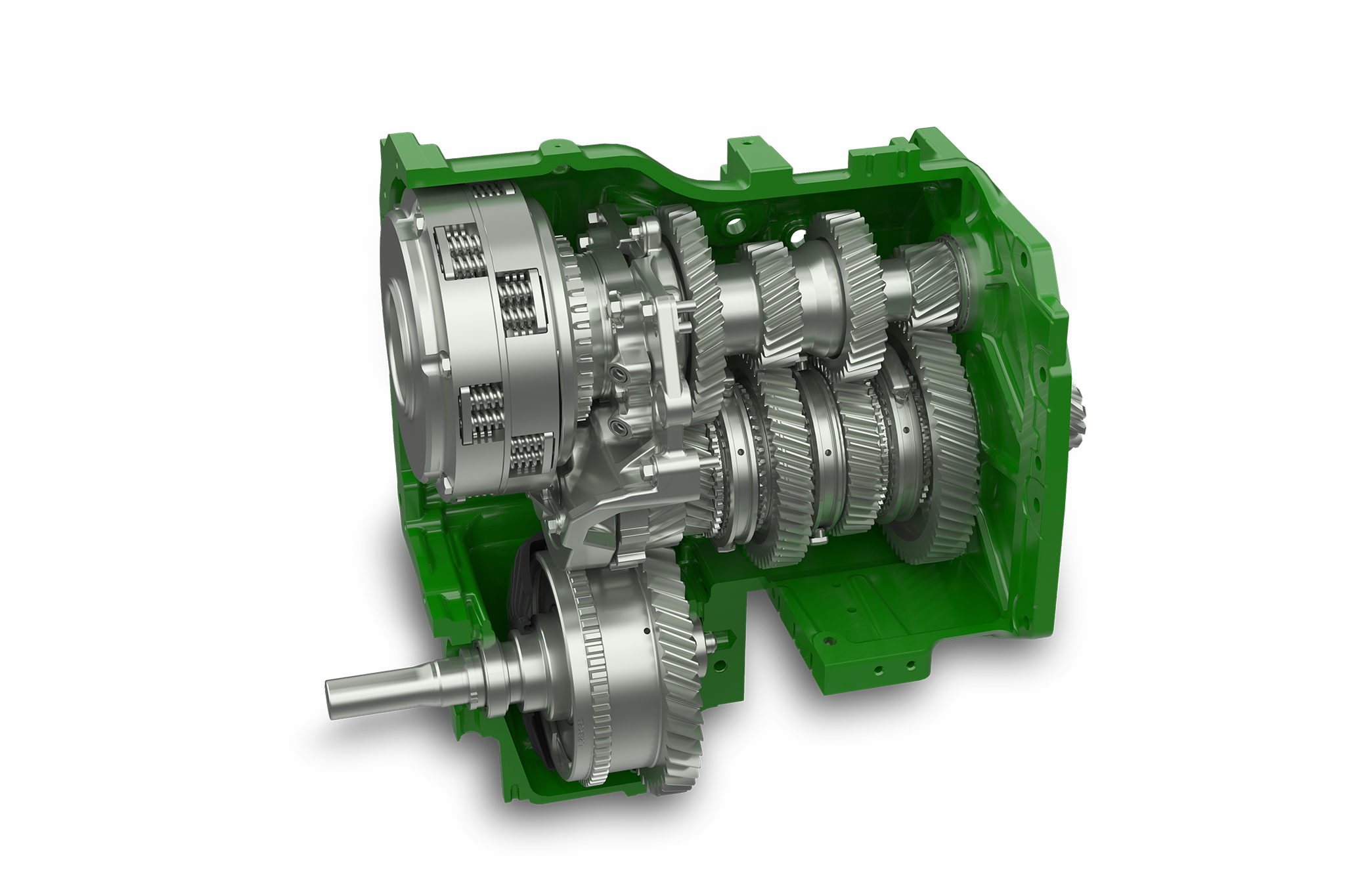 Ilustraţie în secţiune a transmisiei John Deere seria 6M care prezintă angrenajele interne şi componentele lanţului cinematic.