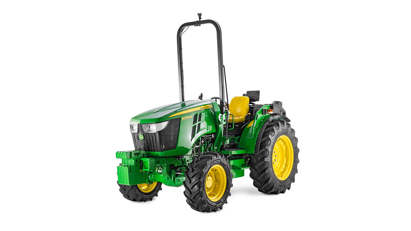 Tractor John Deere 5075EN verde și galben, vedere frontală cu design compact și anvelope robuste.