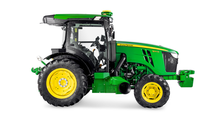 Profilul lateral al tractorului John Deere 5090EN, care evidenţiază designul cabinei şi pneurile din spate mari.